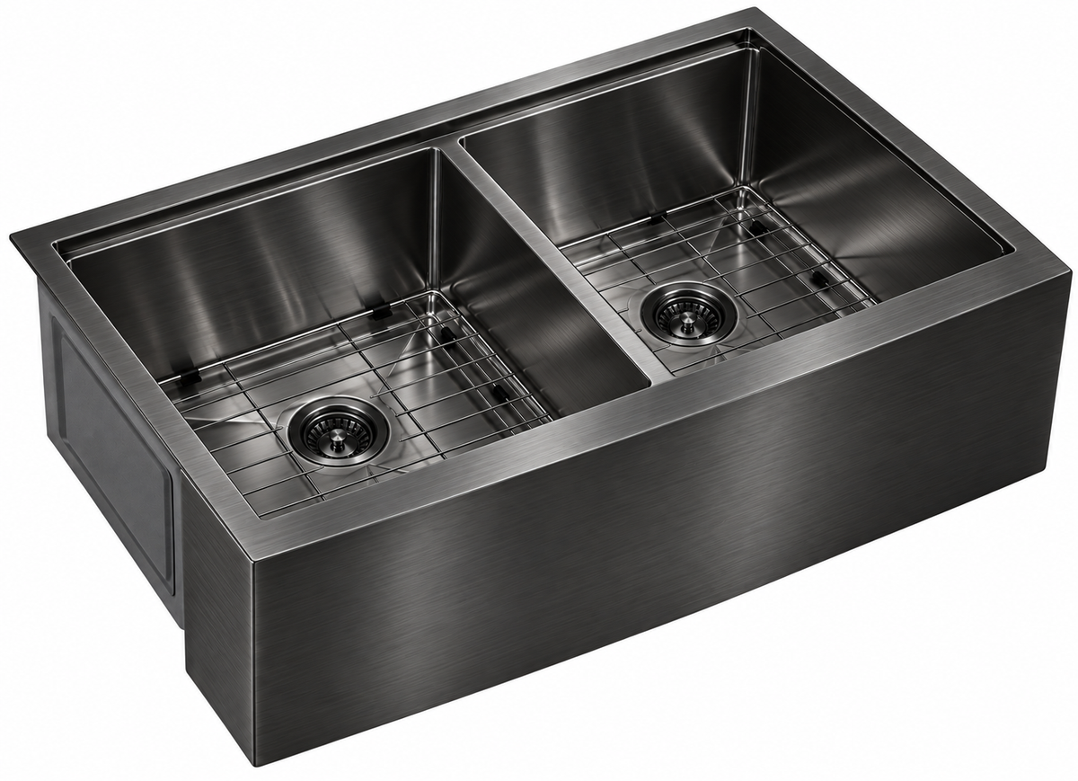 Stainless Steel Apron-Front Workstation Double Bowl, Lowered Centre Divide with Brushed Drain, Sapele Cutting Board, Rosewood Brushed Colander, Bottom Grid and Brushed Roll-up Rack