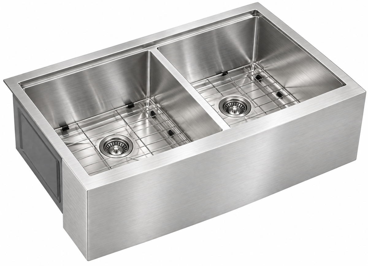 Stainless Steel Apron-Front Workstation Double Bowl, Lowered Centre Divide with Brushed Drain, Sapele Cutting Board, Rosewood Brushed Colander, Bottom Grid and Brushed Roll-up Rack