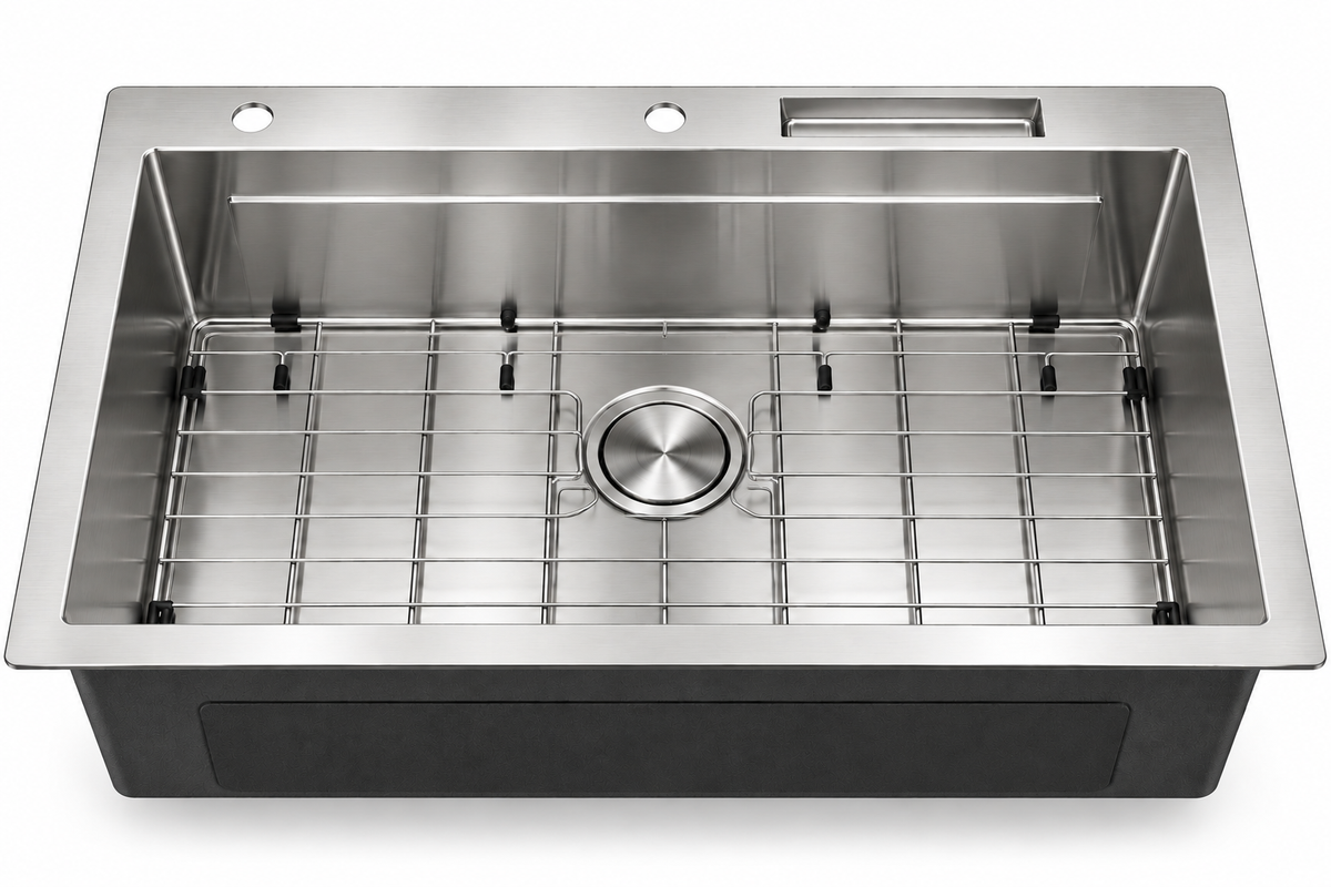 Stainless Steel Top-Mount Sink with Brushed Drain, Sapele Cutting Board, Rosewood Brushed Colander, Bottom Grid, Brushed Corner Basket, Brushed Roll-up Rack