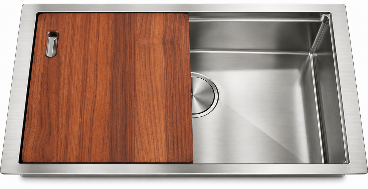Stainless Steel Undermount Single Bowl with Double Reinforcing Ribs with Double Reinforcing Rib with Brushed Drain, Sapele Cutting Board, Rosewood Brushed Colander, Bottom Grid and Brushed Roll-up Rack