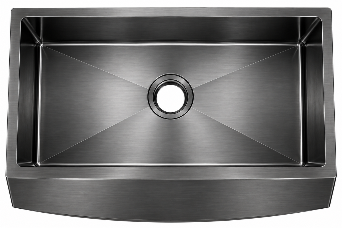 Stainless Steel Apron-Front Single Bowl with Brushed Drain, Bottom Grid and Brushed Roll-up Rack