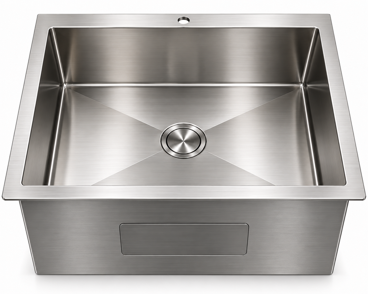 Stainless Steel Top-Mount Laundry Sink with Brushed Drain, Bottom Grid and Brushed Roll-up Rack