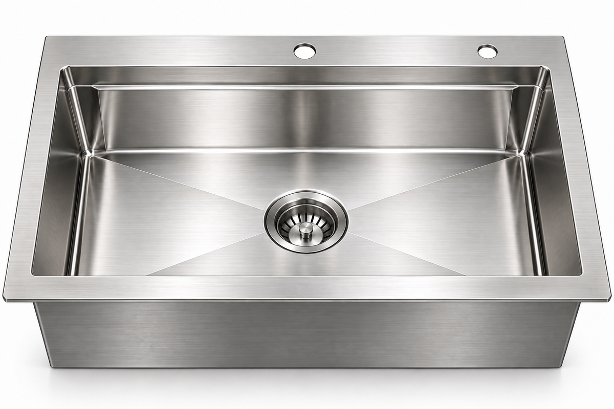 Stainless Steel Top-Mount Single Bowl Sink with Double Reinforcing Rib with Brushed Drain, Sapele Cutting Board, Rosewood Brushed Colander, Bottom Grid and Brushed Roll-up Rack
