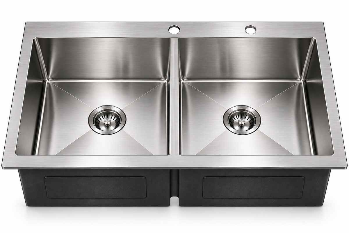 Top-Mount Workstation Double Bowl Sink with Lowered Centre Divide with a Brushed Drain, Sapele Cutting Board, Rosewood Brushed Colander, Bottom Grid and Brushed Roll-up Rack