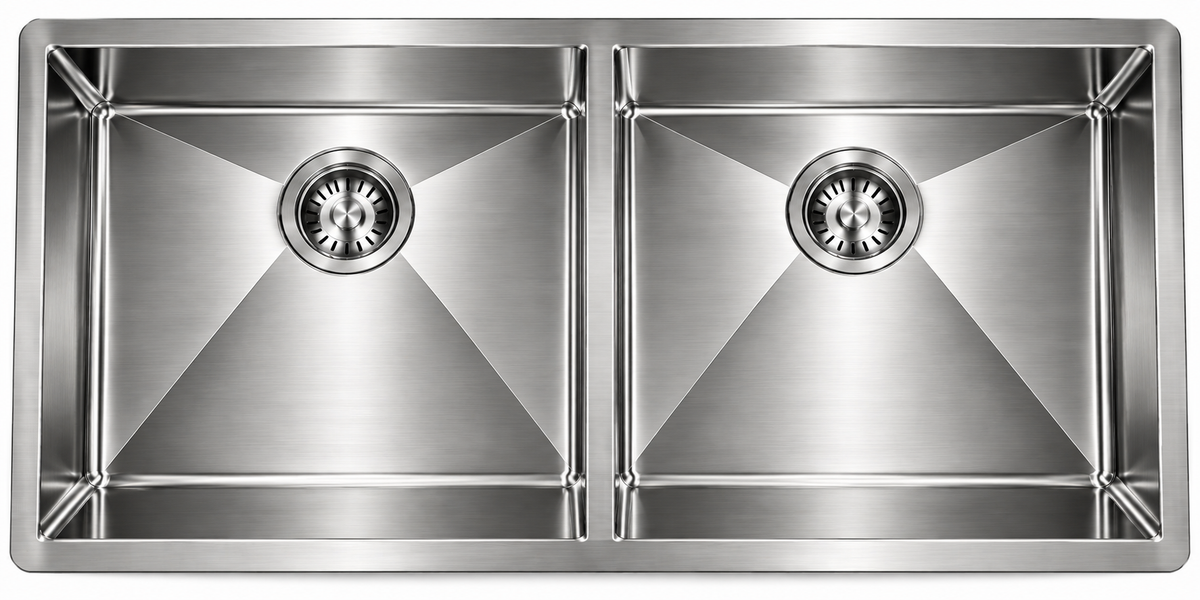 Undermount Double Bowl (Lowered Centre Divide) with Brushed Drain, Bottom Grid, and Brushed Roll-up Rack
