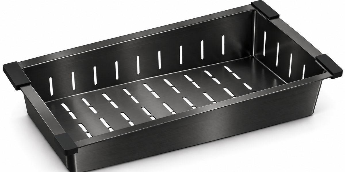Stainless Steel Top-Mount Waterfall Sink with a Brushed Drain, Sapele Cutting Board, Rosewood Brushed Colander, Bottom Grid, Brushed Corner Basket, and Brushed Roll-up Rack