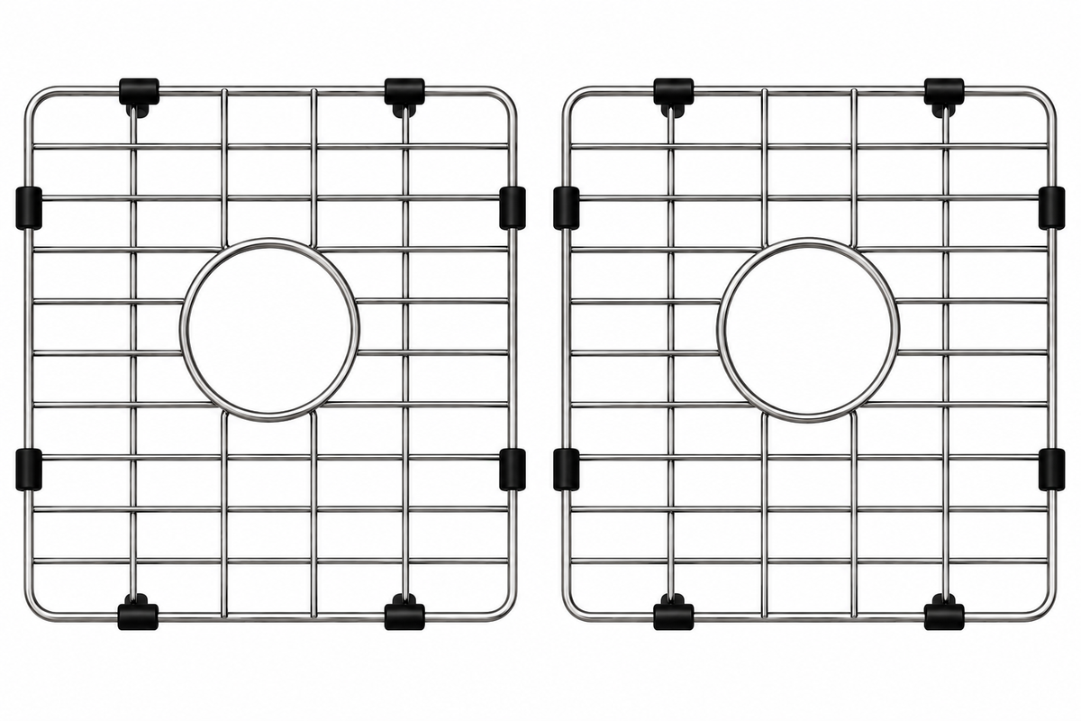 Undermount Double Bowl (Lowered Centre Divide) with Brushed Drain, Bottom Grid, and Brushed Roll-up Rack