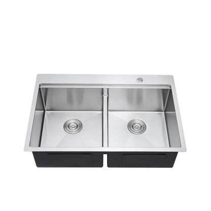 Undermount Workstation Double Bowl (Lowered Centre Divide) with a Brushed Drain, Sapele Cutting Board, Rosewood Brushed Colander, Bottom Grid and Brushed Roll-up Rack