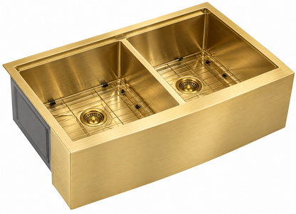 Stainless Steel Apron-Front Workstation Double Bowl, Lowered Centre Divide with Brushed Drain, Sapele Cutting Board, Rosewood Brushed Colander, Bottom Grid and Brushed Roll-up Rack