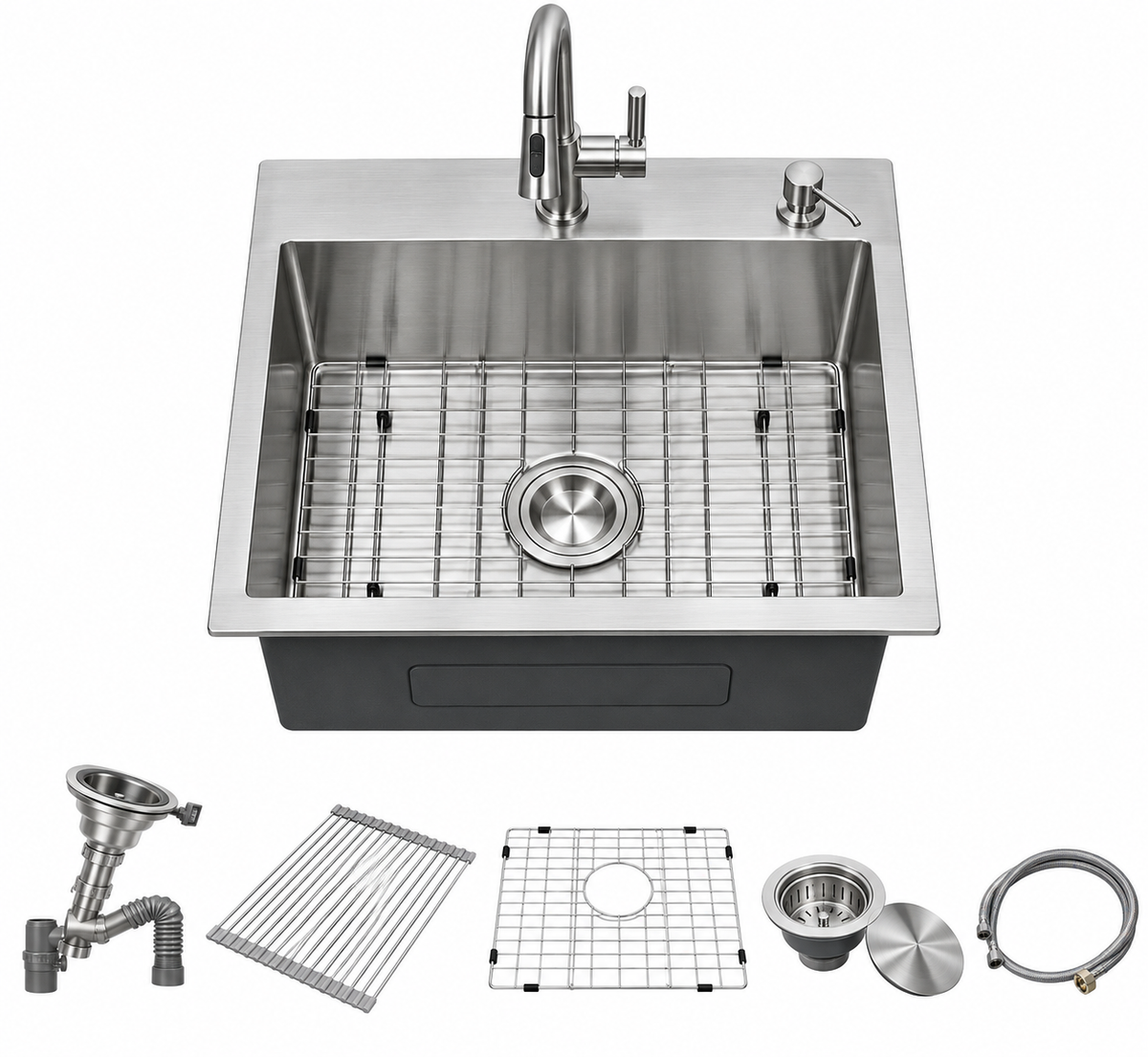 Stainless Steel Undermount Bar Sink (with Cover), Brushed Drain and Bottom Grid