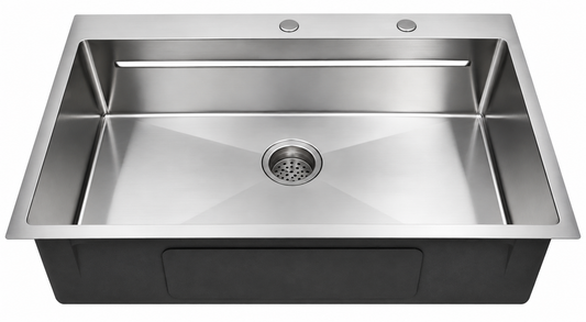 Stainless Steel Top-Mount Single Bowl with Single Reinforcing Rib  with Double Reinforcing Rib with Brushed Drain, Sapele Cutting Board, Rosewood Brushed Colander, Bottom Grid and Brushed Roll-up Rack