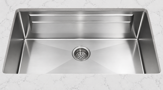 Stainless Steel Undermount Single Bowl with Double Reinforcing Ribs with Double Reinforcing Rib with Brushed Drain, Sapele Cutting Board, Rosewood Brushed Colander, Bottom Grid and Brushed Roll-up Rack