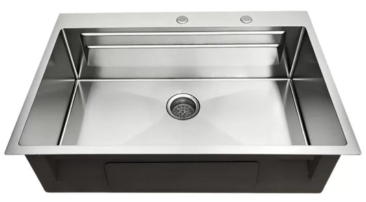 Stainless Steel Top-Mount Single Bowl Sink with Double Reinforcing Rib with Brushed Drain, Sapele Cutting Board, Rosewood Brushed Colander, Bottom Grid and Brushed Roll-up Rack