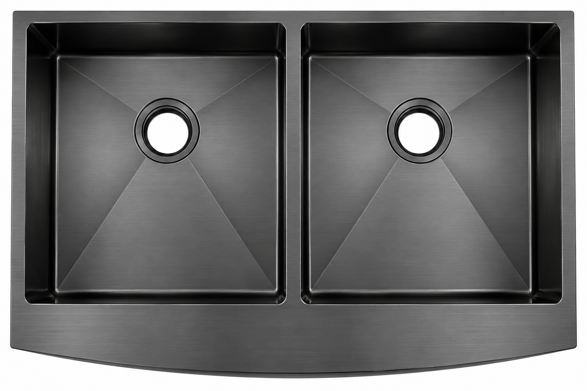 Stainless Steel Apron-Front Double Bowl with Brushed Drain, Bottom Grid and Brushed Roll-up Rack