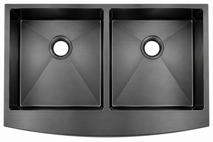 Stainless Steel Apron-Front Double Bowl with Brushed Drain, Bottom Grid and Brushed Roll-up Rack