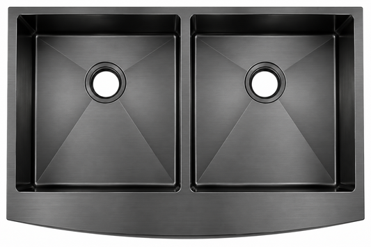 Stainless Steel Apron-Front Double Bowl with Brushed Drain, Bottom Grid and Brushed Roll-up Rack