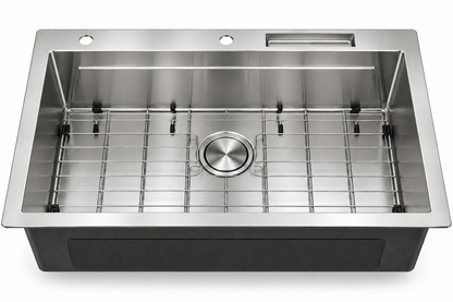 Stainless Steel Top-Mount Sink with Brushed Drain, Sapele Cutting Board, Rosewood Brushed Colander, Bottom Grid, Brushed Corner Basket, Brushed Roll-up Rack
