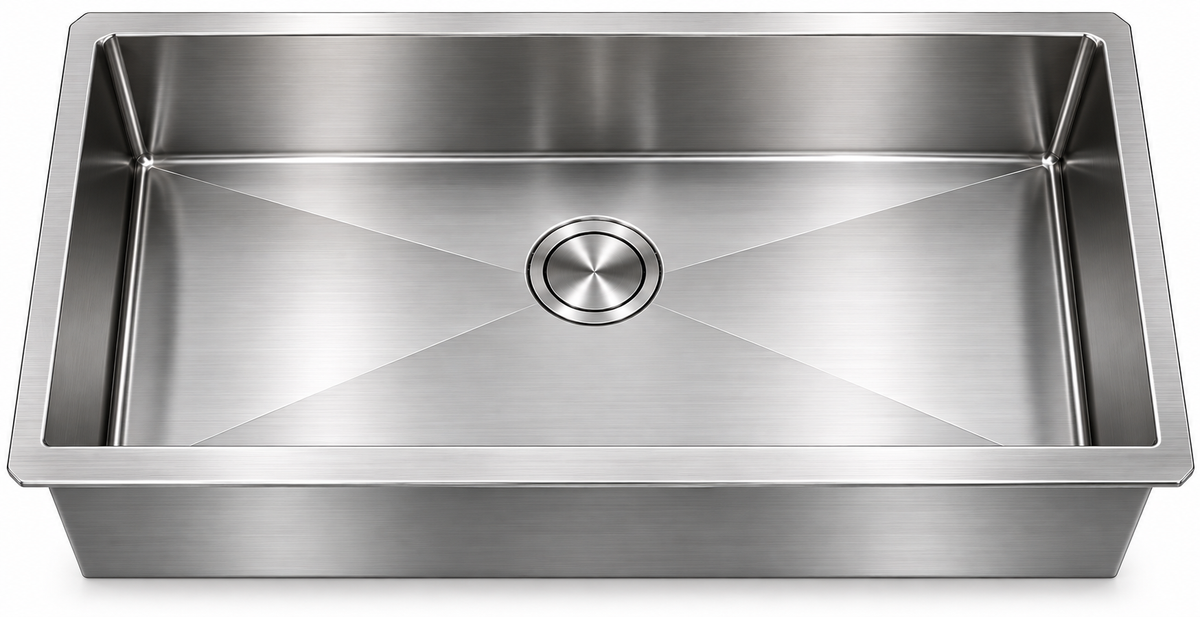Top-Mount Single Bowl with Reinforcing Ribs (Long/Short) with a Brushed Drain, Sapele Cutting Board, Rosewood Brushed Colander, Bottom Grid, and Brushed Roll-up Rack