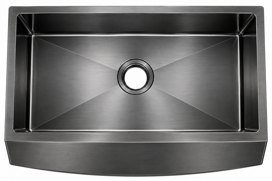 Stainless Steel Apron-Front Single Bowl with Brushed Drain, Bottom Grid and Brushed Roll-up Rack