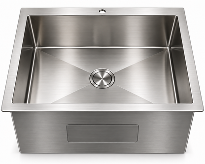 Stainless Steel Top-Mount Laundry Sink with Brushed Drain, Bottom Grid and Brushed Roll-up Rack