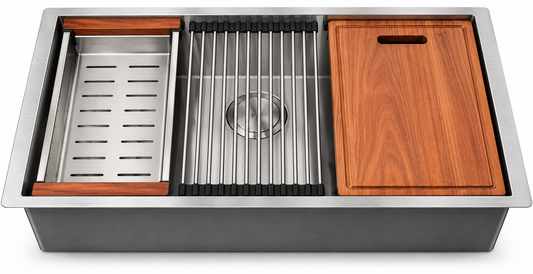 Stainless Steel Undermount Single Bowl with Single Reinforcing Rib  with Double Reinforcing Ribs with Double Reinforcing Rib with Brushed Drain, Sapele Cutting Board, Rosewood Brushed Colander, Bottom Grid and Brushed Roll-up Rack