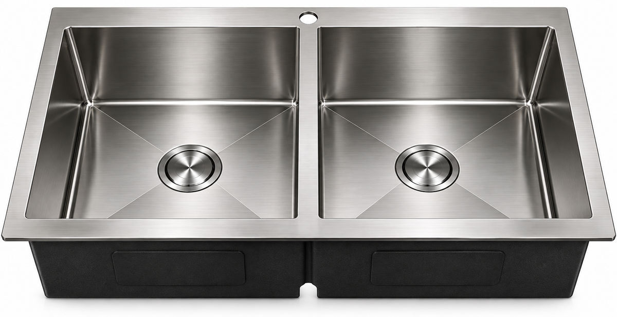 Top-Mount Double Bowl with a Brushed Drain, Bottom Grid, and Brushed Roll-up Rack