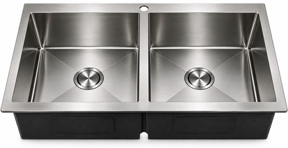Top-Mount Double Bowl with a Brushed Drain, Bottom Grid, and Brushed Roll-up Rack