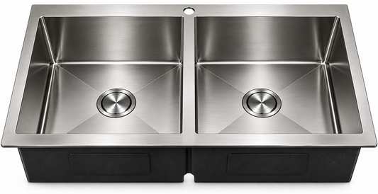 Top-Mount Double Bowl with a Brushed Drain, Bottom Grid, and Brushed Roll-up Rack