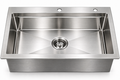 Stainless Steel Top-Mount Single Bowl Sink with Double Reinforcing Rib with Brushed Drain, Sapele Cutting Board, Rosewood Brushed Colander, Bottom Grid and Brushed Roll-up Rack