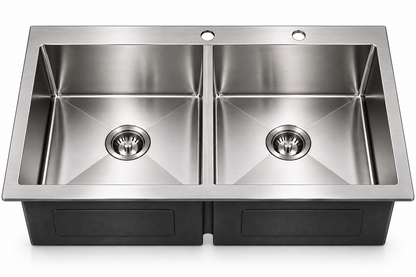 Top-Mount Workstation Double Bowl Sink with Lowered Centre Divide with a Brushed Drain, Sapele Cutting Board, Rosewood Brushed Colander, Bottom Grid and Brushed Roll-up Rack