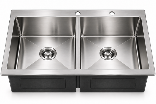 Top-Mount Workstation Double Bowl Sink with Lowered Centre Divide with a Brushed Drain, Sapele Cutting Board, Rosewood Brushed Colander, Bottom Grid and Brushed Roll-up Rack