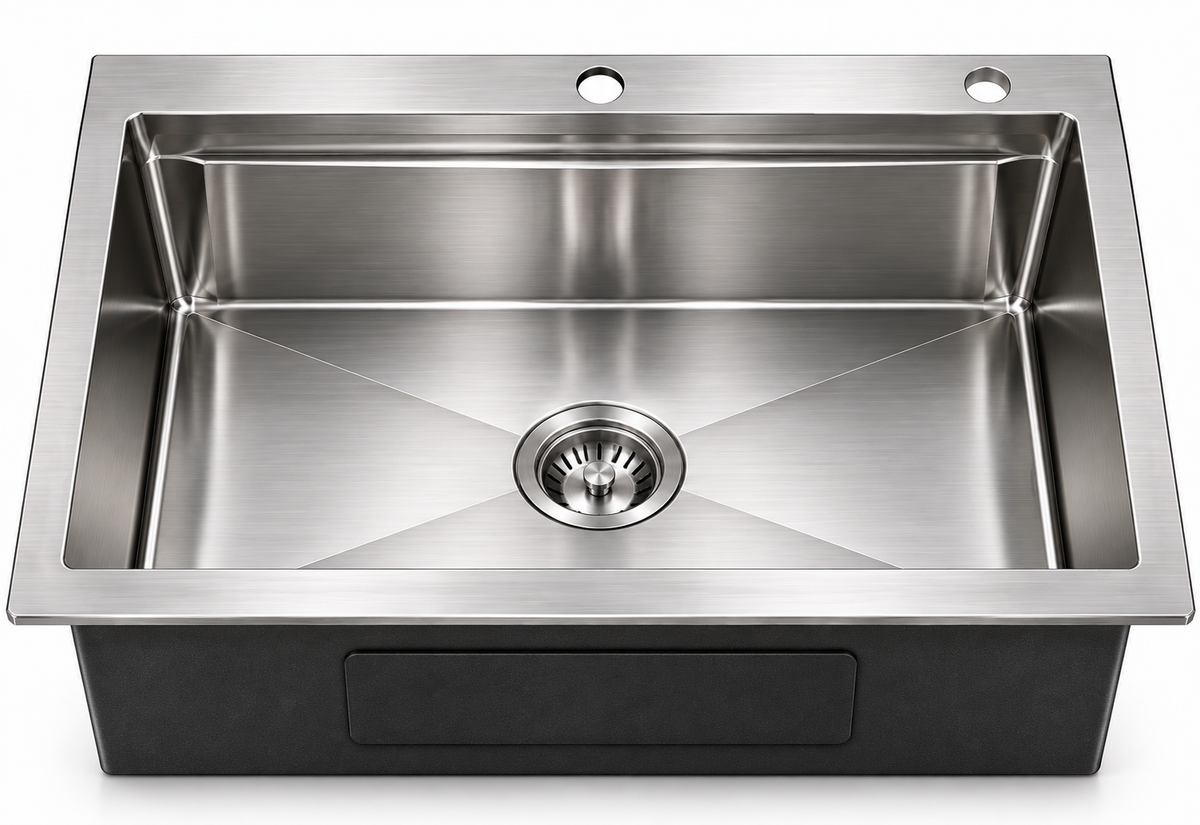 Top-Mount Workstation Single Bowl with a Brushed Drain, Sapele Cutting Board, Rosewood Brushed Colander, Bottom Grid and Brushed Roll-up Rack