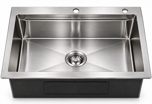 Top-Mount Workstation Single Bowl with a Brushed Drain, Sapele Cutting Board, Rosewood Brushed Colander, Bottom Grid and Brushed Roll-up Rack