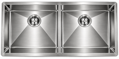 Undermount Double Bowl with a Brushed Drain, Bottom Grid, and Brushed Roll-up Rack