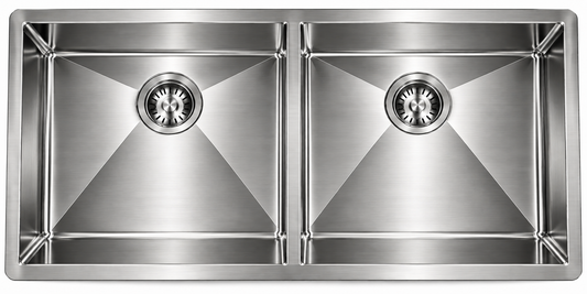 Undermount Double Bowl with a Brushed Drain, Bottom Grid, and Brushed Roll-up Rack